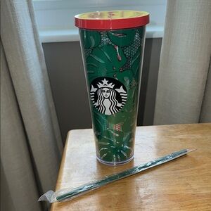 Starbucks Tropical Green Tumbler with orangey red top